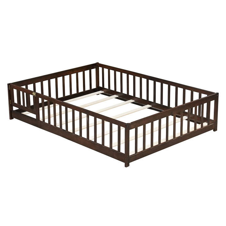 Whisen Full Size Rubber Wood Floor Bed with Safety Guardrails&Door,Kids Bed
