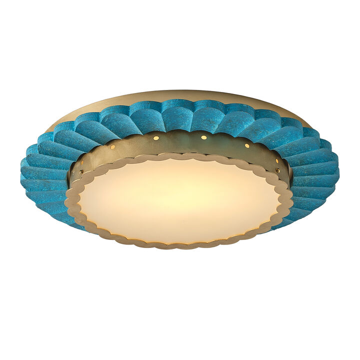 19.7" Coastal Gold Integrated LED Dimmable Flush Mount Ceiling Light with Teal Pleated Design for Bedroom, Dining Room or Entryway