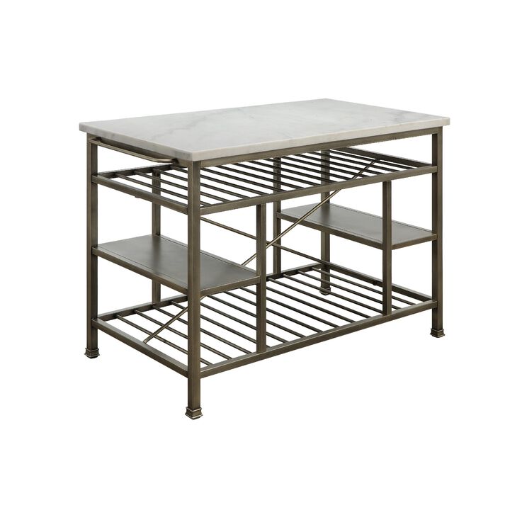 Marble Top Metal Kitchen Island with 2 Slated Shelves, Gray and White-Benzara