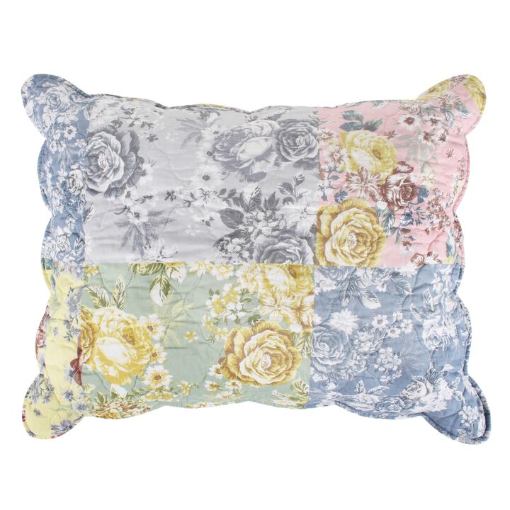 Greenland Home Emma Floral Patchwork Quilted Reversible Pillow Sham, Standard 20x26-inch, Gray