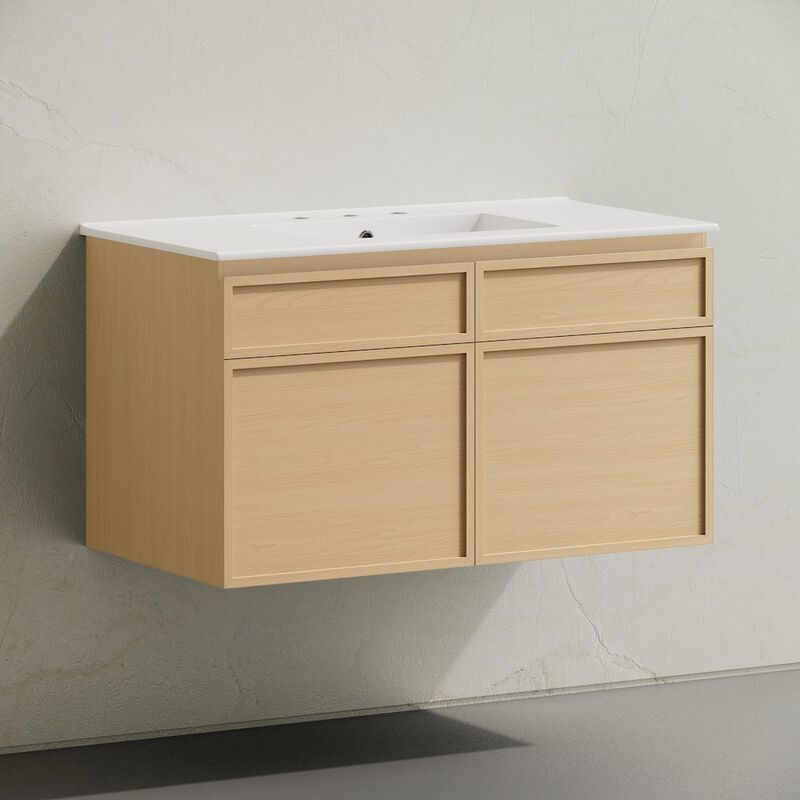 36" Wall-Mounted Bathroom Vanity in Natural Oak with 3-Hole Widespread Sink Top image number 1