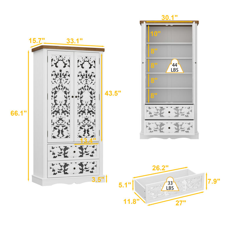 FUFU&GAGA Carved White Wardrobe with 2 Doors & 2 Drawers, Antique Metal Pulls, Wood Grain Top (33.1 in. W x 15.7 in. D x 66.1 in. H)