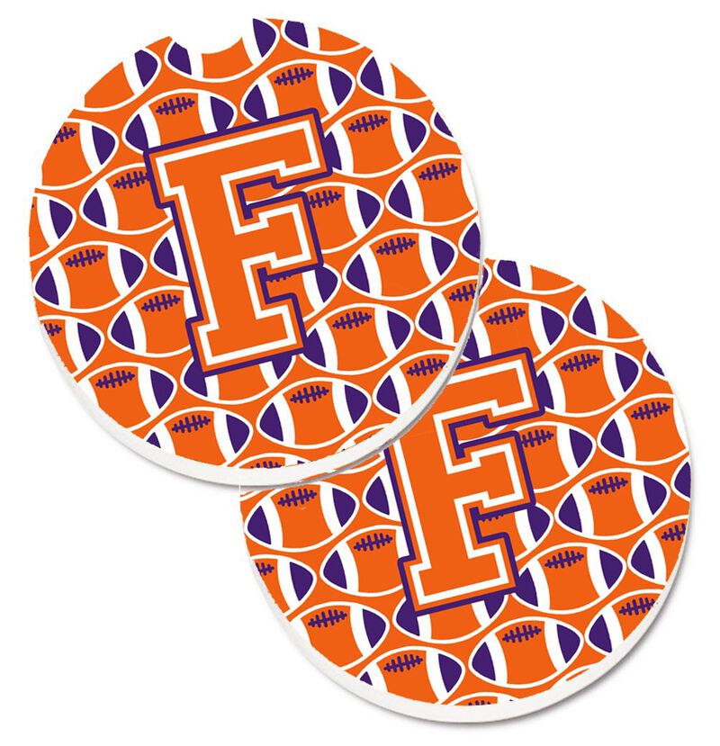 Caroline's Treasures Letter F Football Orange, White & Regalia Set of 2 Cup Holder Car Coasters CJ1072-FCARC, 2.56, Multicolor