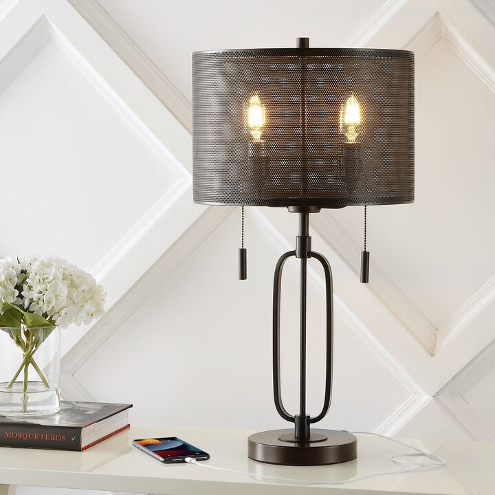 Hank 2-Light Industrial Farmhouse Iron LED Table Lamp with USB Charging Port