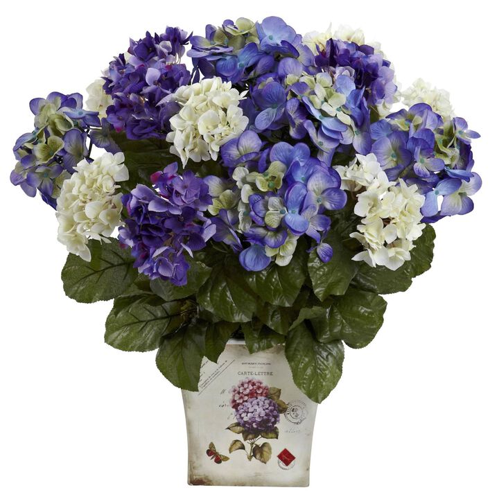 Nearly Natural Mixed Hydrangea w/Floral Planter Blue Purple