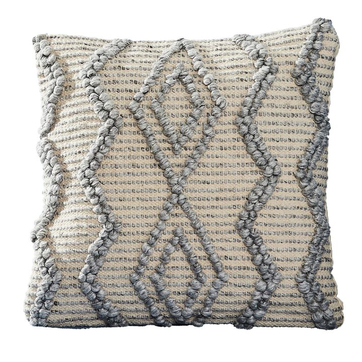 18 Inch Decorative Throw Pillow Cover, Blue Beaded Diamond Design, Beige-Benzara