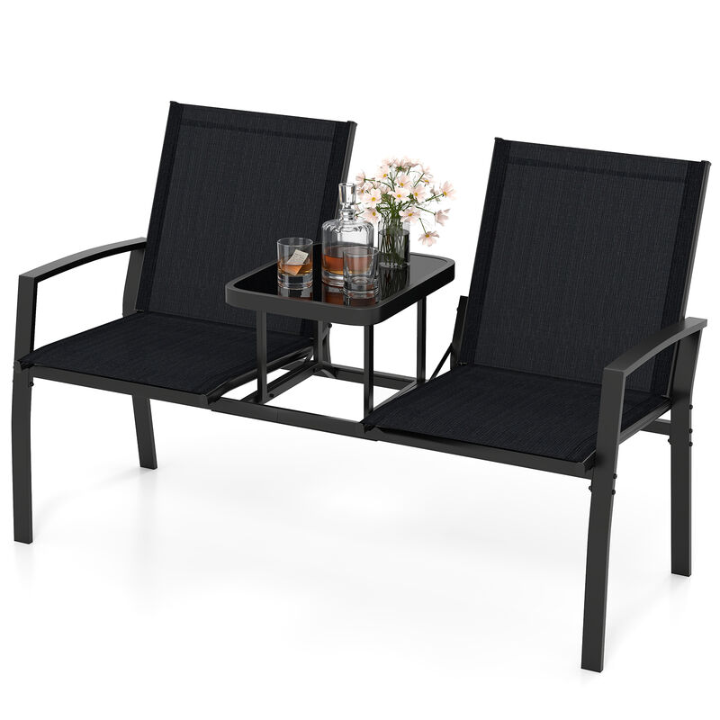 Outdoor Loveseat with Built-in Table and Comfortable Fabric Backrest-Black