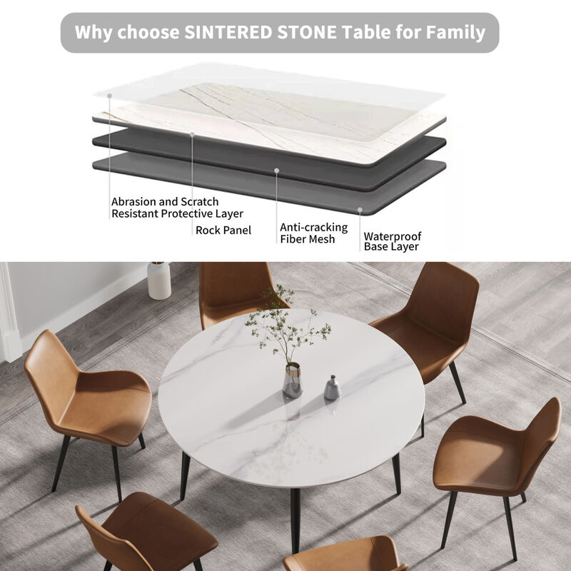 53.15" Modern man-made stone round black metal dining table-position for 6 people