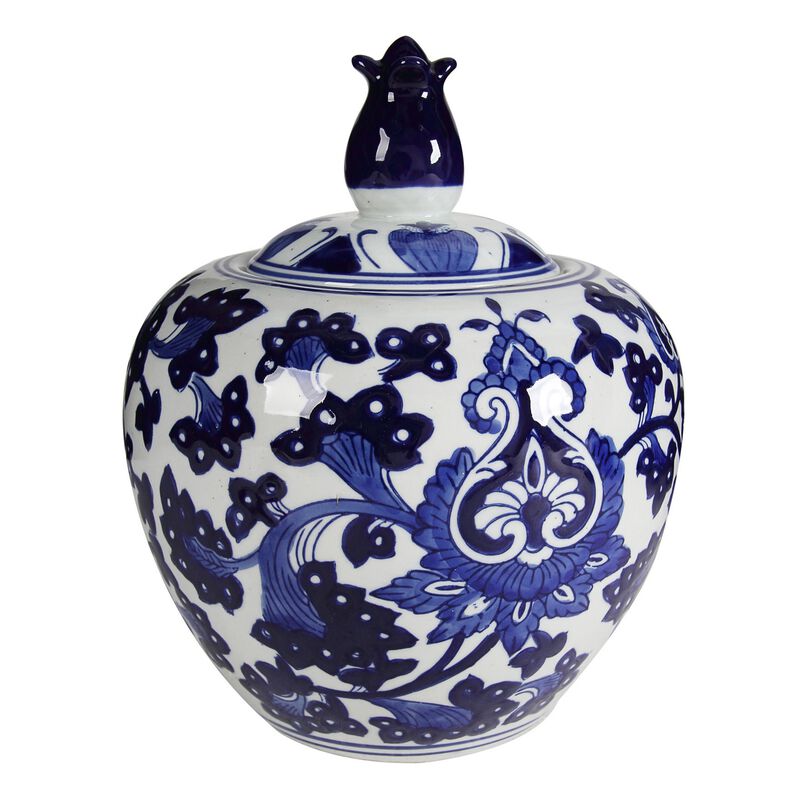 10 Inch Lidded Jar, Round Persian Floral Print, Blue and White Porcelain - Benzara