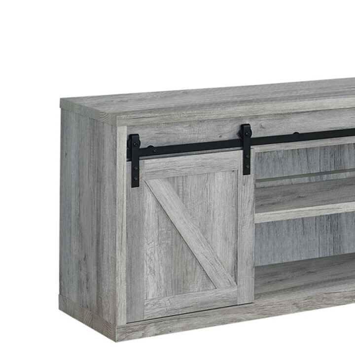 71 Inch Farmhouse Wooden TV Console With 2 Sliding Barn Doors, Gray - Benzara