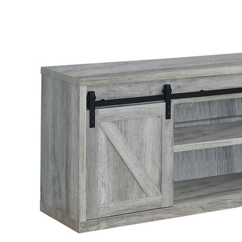 71 Inch Farmhouse Wooden TV Console With 2 Sliding Barn Doors, Gray - Benzara