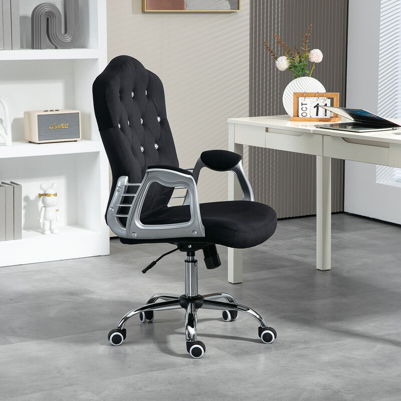 Vinsetto Home Office Chair, Velvet Computer Chair, Button Tufted Desk Chair with Swivel Wheels, Adjustable Height, and Tilt Function, Black