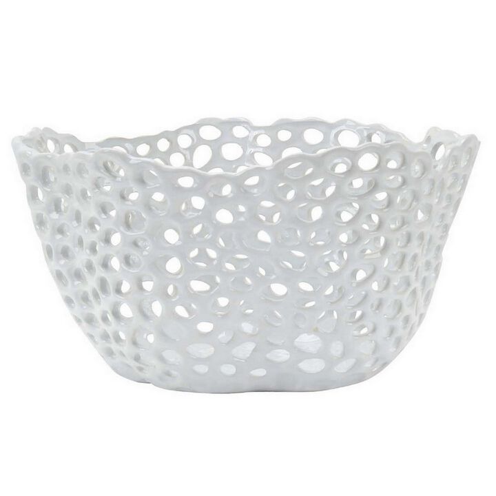 Hina 14 Inch Decorative Bowl, Mesh Design, Wavy Edges, Ceramic White Finish - Benzara