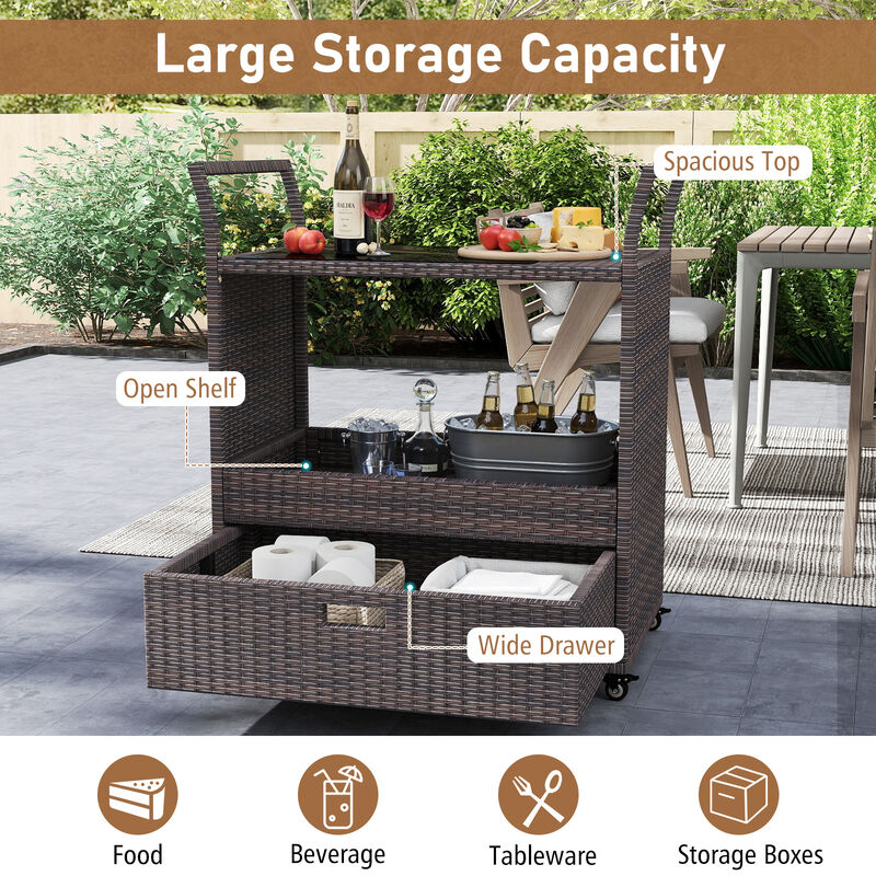 Outdoor Rattan Bar Cart Table with Tempered Glass Top and Storage-Mix Brown image number 7