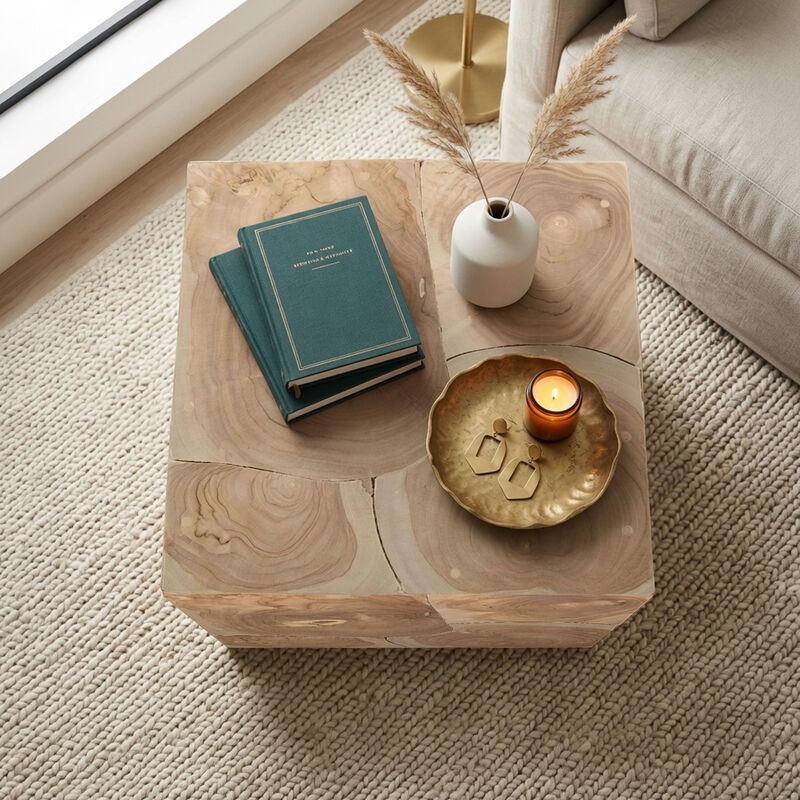 Sira Mosaic Side End Table, Hand Oiled Natural Brown Finish, 20 Inch Solid Teak Wood Slice Cube image number 8
