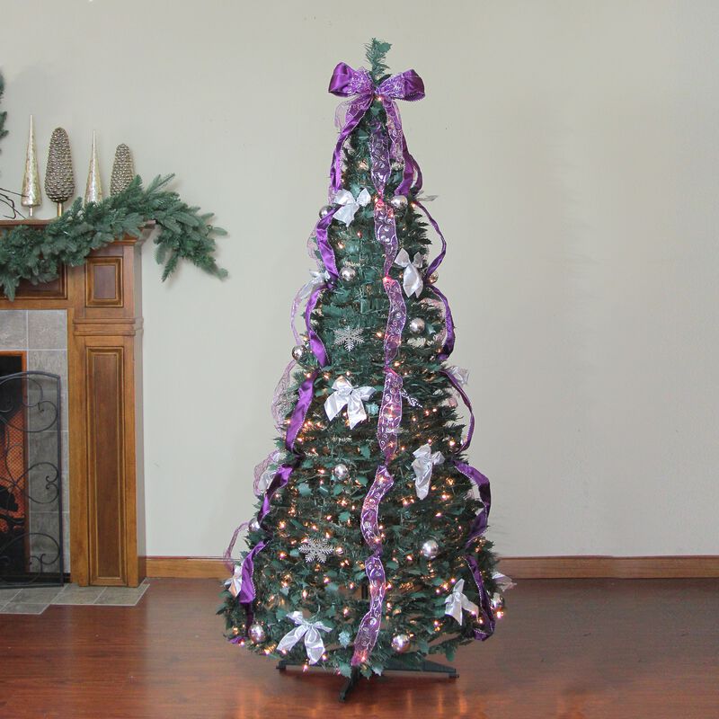 6' Pre-Lit Purple and Silver Pre-Decorated Pop-Up Artificial Christmas Tree  Clear Lights
