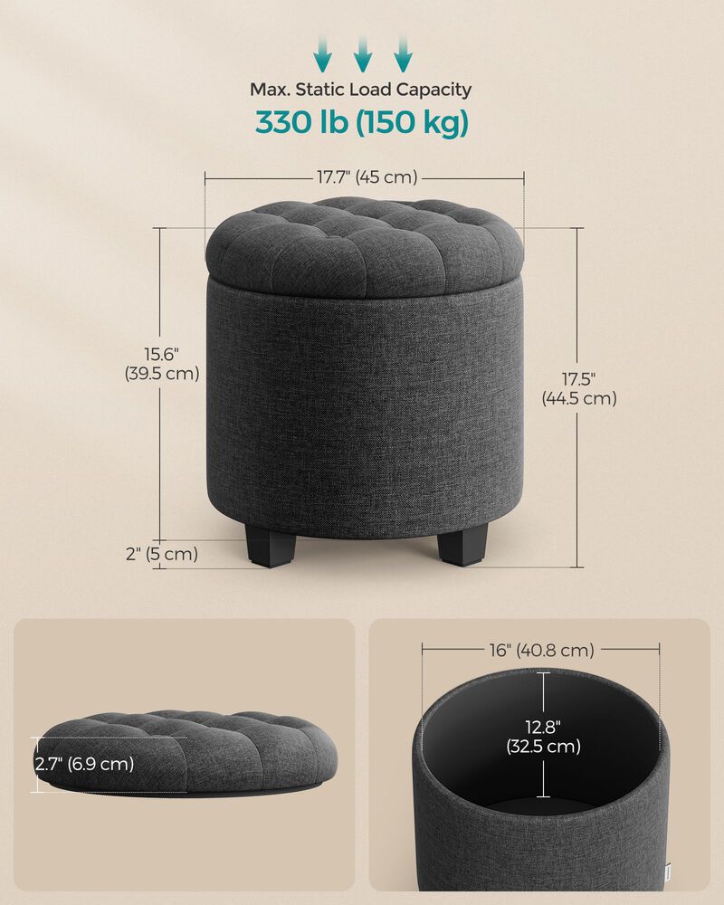 Linen Fabric Storage Ottoman Bench - Dark Gray Footstool with Foam Padded Seat and Solid Wood Legs
