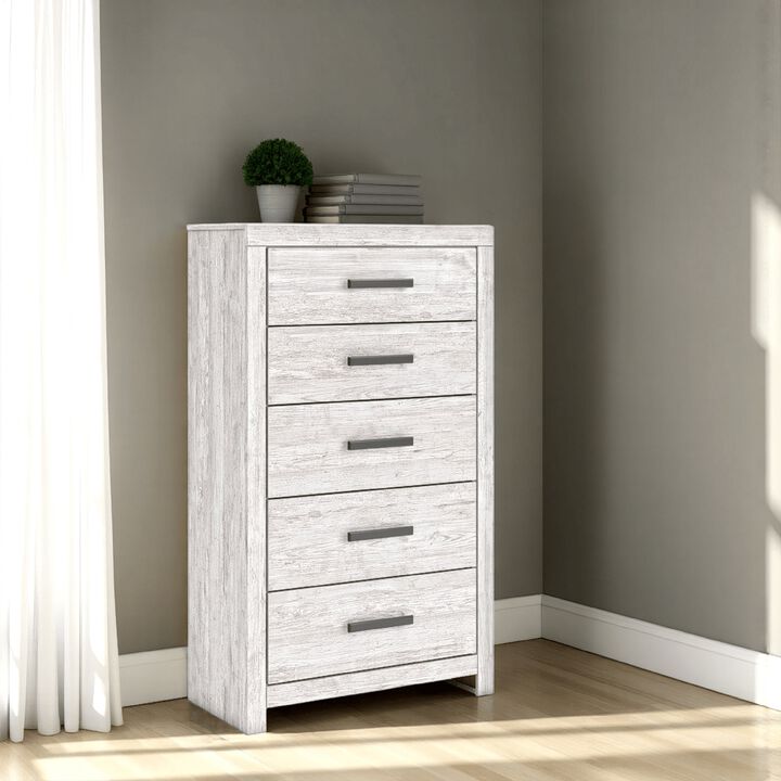 Cany Tall Dresser Chest, 5 Drawers w Black Handles, Vintage Whitewash