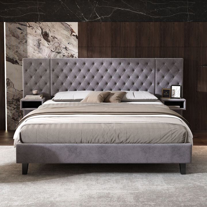 Merax Modern Velvet Upholstered Platform Bed with Headboard