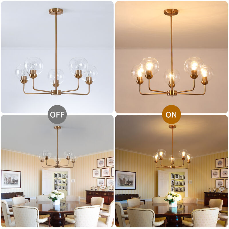 28" Mid-Century Modern 5-Light Antique Brass Dimmable Chandelier image number 6
