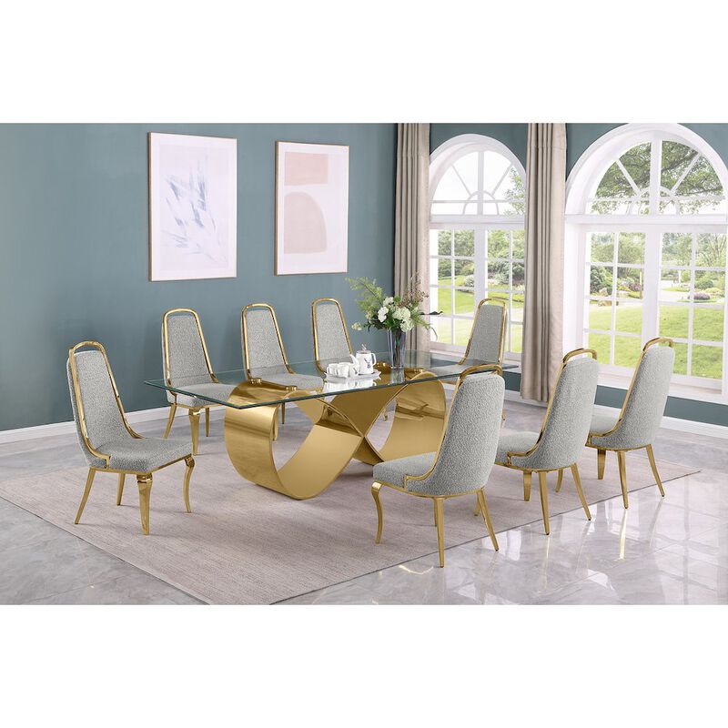 Best Quality Furniture 9Pc Tempered Glass Dining Set 8 Rich Gray Boucle Side Chairs And A Gold Base