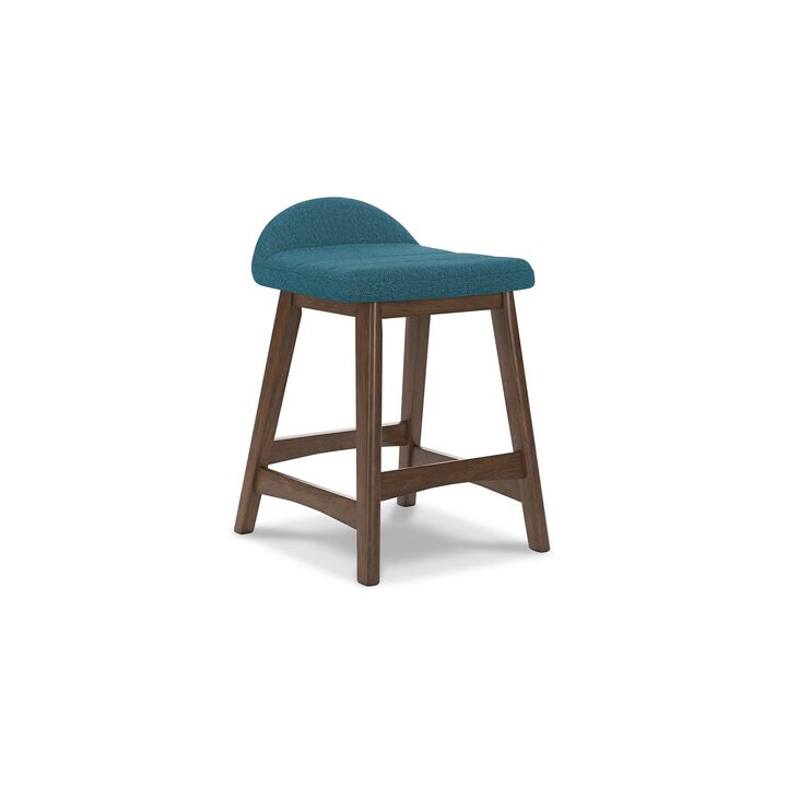 Jeyn Counter Stool with Footrest Set of 2, Brown Hardwood, Blue Seat - Benzara