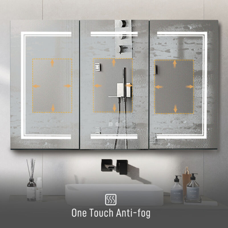 Modern Bathroom Wall Cabinet with Three-Color LED Light and Dual Power Plugs