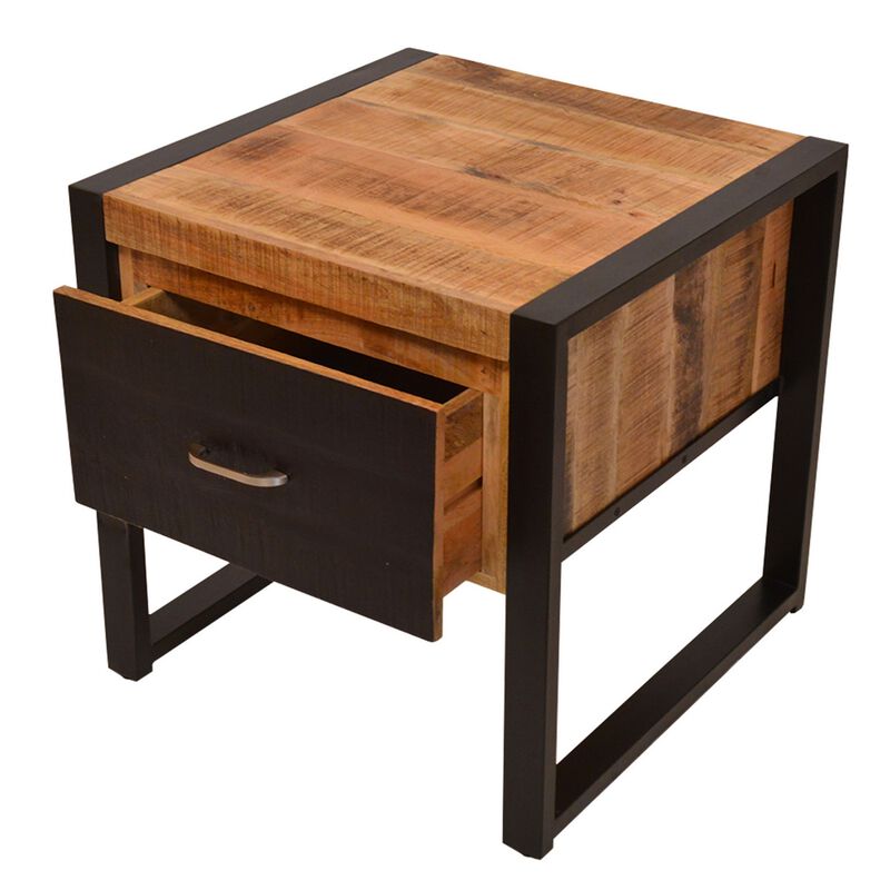 24 Inch Single Drawer Mango Wood Bedside Table, Iron Sled Style Base, Brown, Black-Benzara
