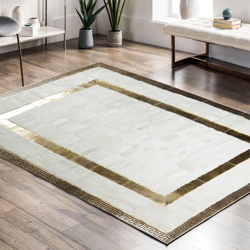 White Tuscan Fur Area Rug with Gold Border Handmade Genuine Luxury Fur Carpet, Custom Size Elegant Living Room Rug, Modern Designer Style image number 2