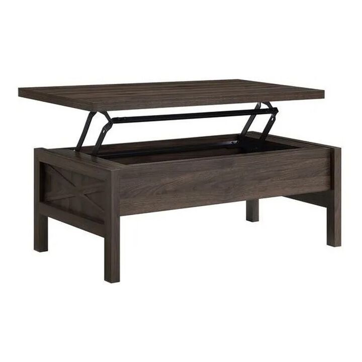 Coffee Table with Lift Top Storage and Cross Side Panel, Brown-Benzara