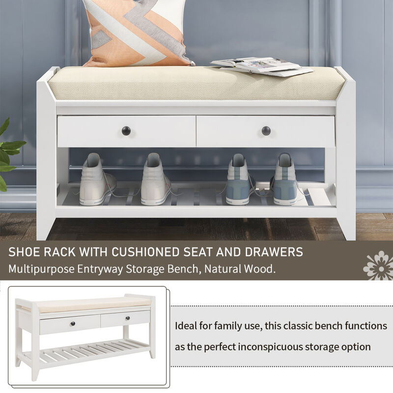 Shoe Rack With Cushioned Seat And Drawers, Multipurpose Entryway Storage Bench (White)