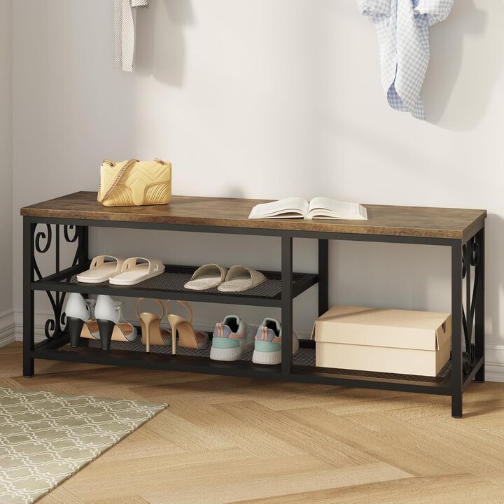 Shoe Bench with Shoe Rack, 47.2" L Entryway Bench with Seating, 2-Tier Shoe Organizer with Rustic Wood Top & Metal Frame for Entryway