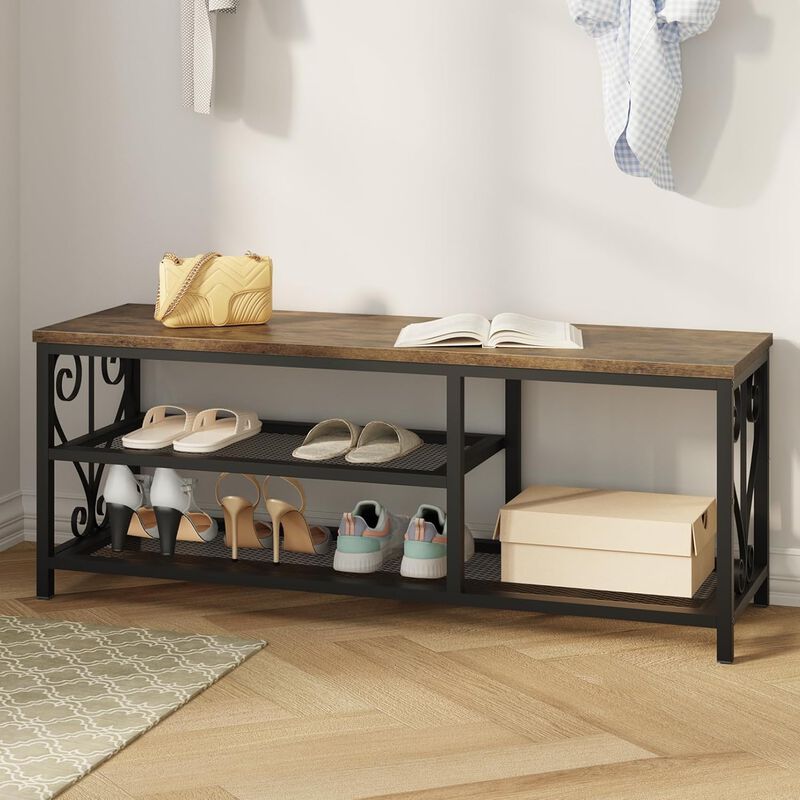 Shoe Bench with Shoe Rack, 47.2" L Entryway Bench with Seating, 2-Tier Shoe Organizer with Rustic Wood Top & Metal Frame for Entryway image number 1