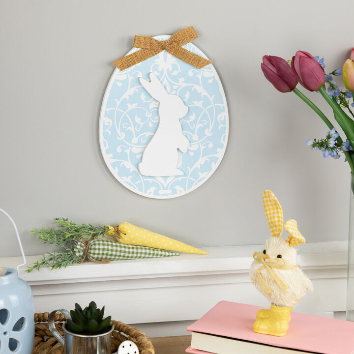 Easter Egg with Bunny and Burlap Bow Wooden Wall Decoration - 9.5" - Blue