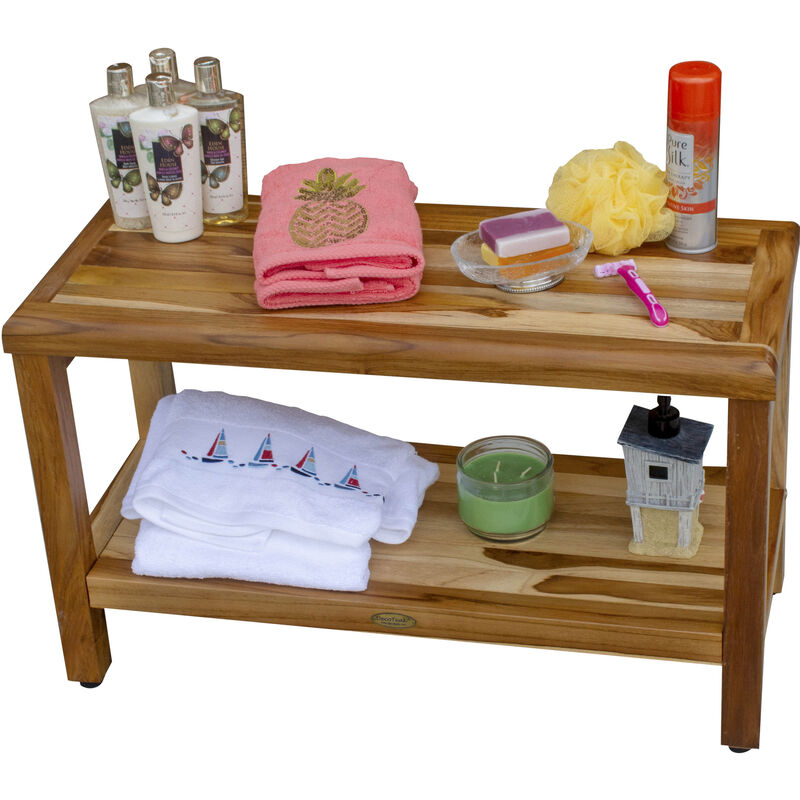 EcoDecors Eleganto 30" Teak Wood Shower Bench with Shelf in EarthyTeak Finish