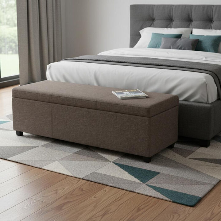 HomeRoots 54" Fawn and Dark Brown Faux Linen and Solid Wood Upholstered Storage Bench With Flip Top