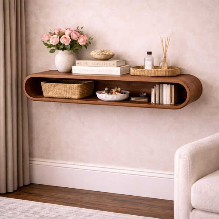 Artisan Furniture Solid Wood Arc Wall-Mounted Media Console, 1 Open Shelf, Brown