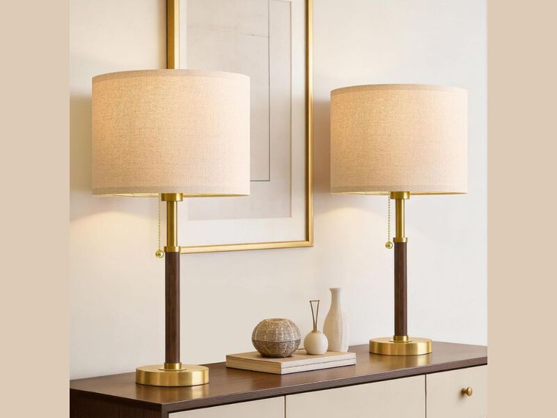 Mid Century Table Lamps Set of 2 Wood Gold Bedroom Bedside Nightstand Lamps image number 1