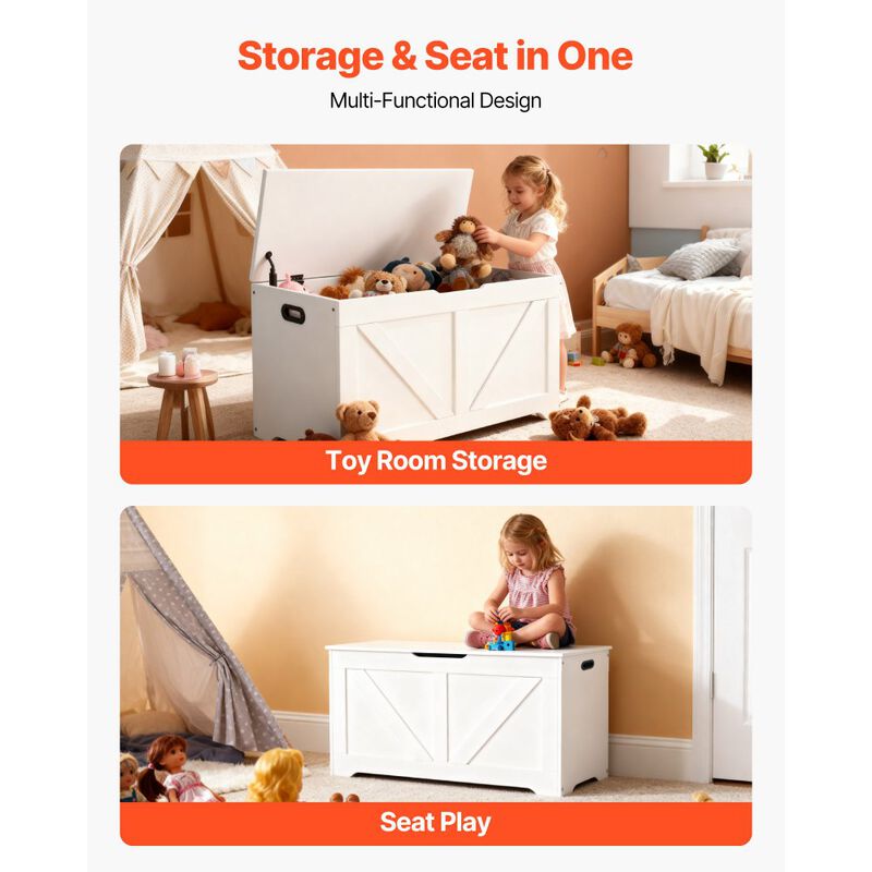 Kids Storage Bench with Toy Box and Safety Hinge for Playroom and Entryway-White image number 6