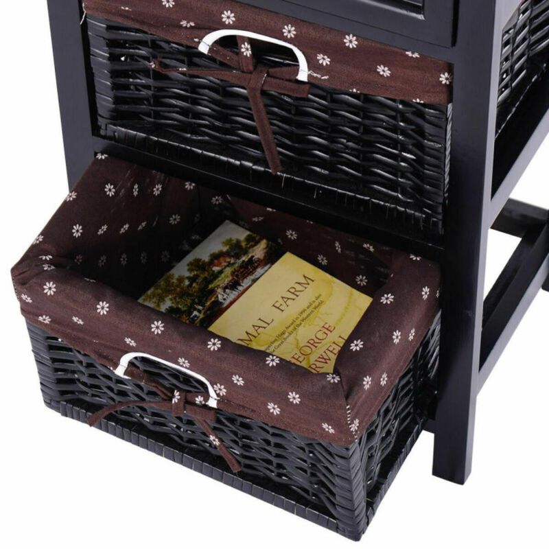 Hivvago 3 Tiers Wooden Storage Nightstand with 2 Baskets and 1 Drawer - Set of 2