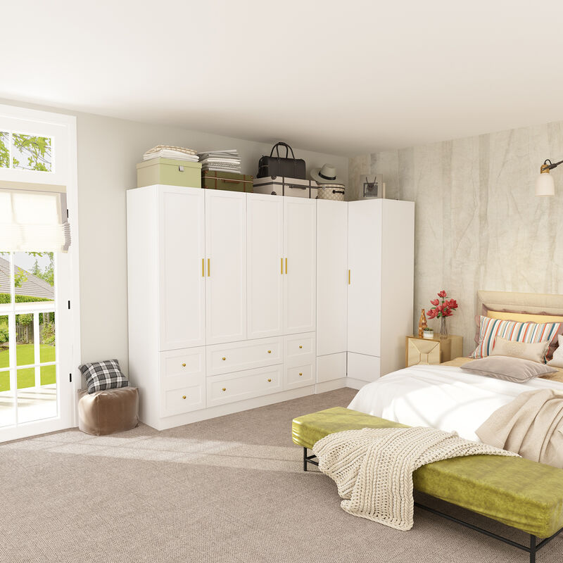 FUFU&GAGA White Corner Storage Cabinet with 3 Cabinets & 6 Drawers, PB Board Construction, Gold Handles, Space-Saving Wardrobe Organizer (97.6 x 19.7 x 70.9 in)