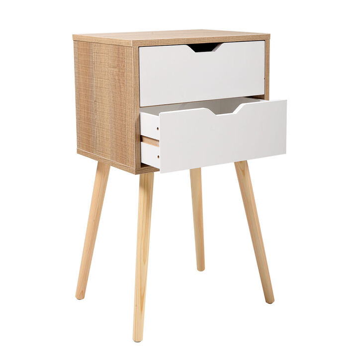 Set of 2 Wooden Modern Nightstand with 2 Drawers and 4 Solid Splayed Legs, Living Room White