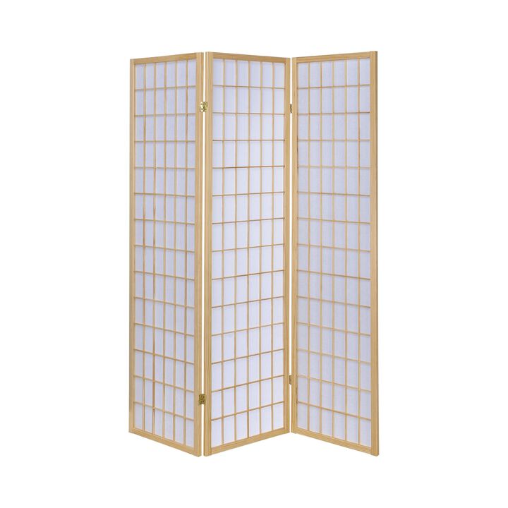 3 Panel Foldable Wooden Frame Room Divider with Grid Design, Brown - Benzara