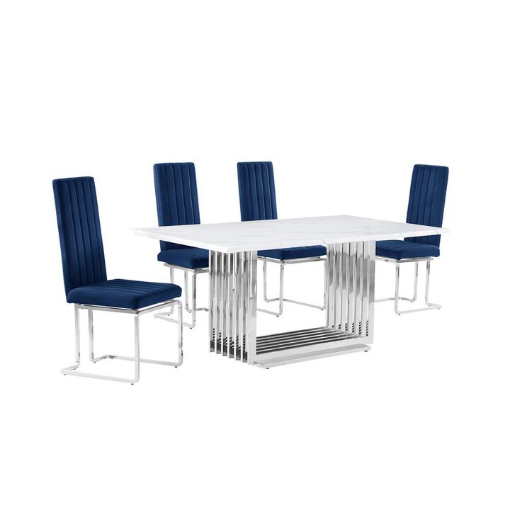 5pc Small(68") marble top dining set with silver base and 4 Navy Blue chairs