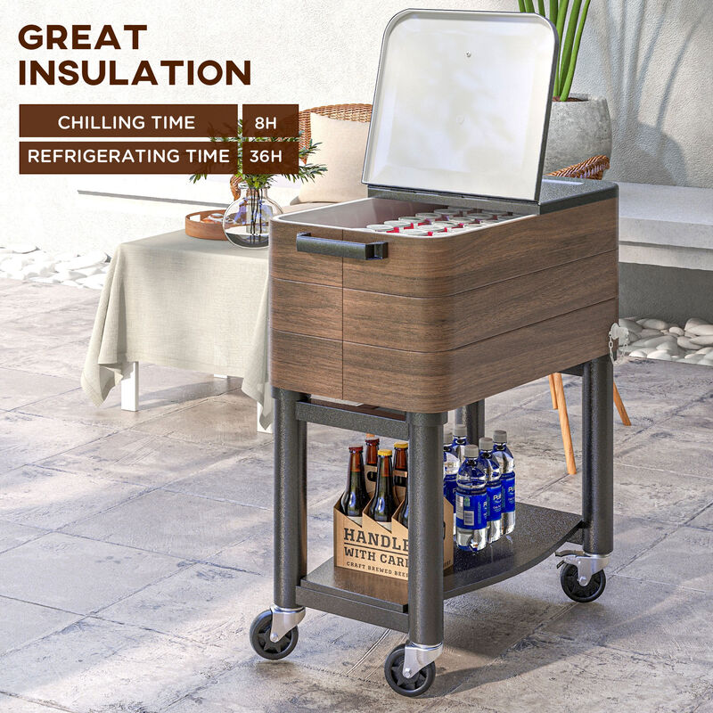 Outsunny Patio Cooler Cart, 60 Qt. Rolling Ice Chest with Shelf, Bottle Opener and Wheels, Outdoor Beverage Cooler with Separate Stand for Backyard Deck Poolside Party, Brown