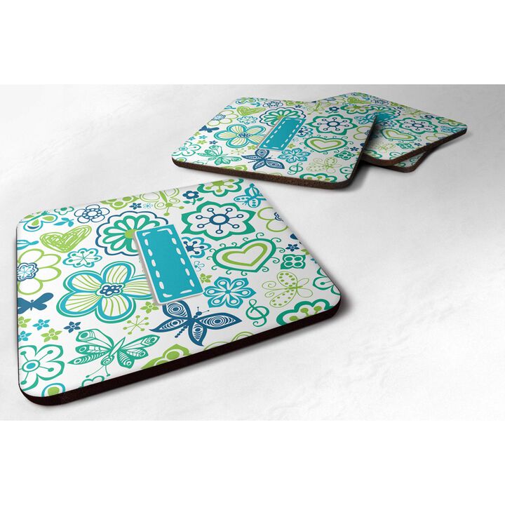 Caroline's Treasures CJ2006-IFC Letter I Flowers and Butterflies Teal Blue Foam Coasters (Set of 4), 3.5, Multicolor