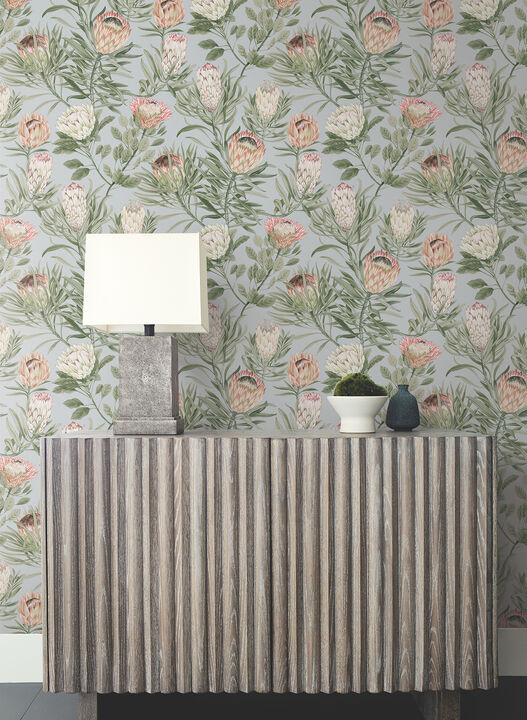 Protea Dusty Blue & Coral Wallpaper (Set of 2)