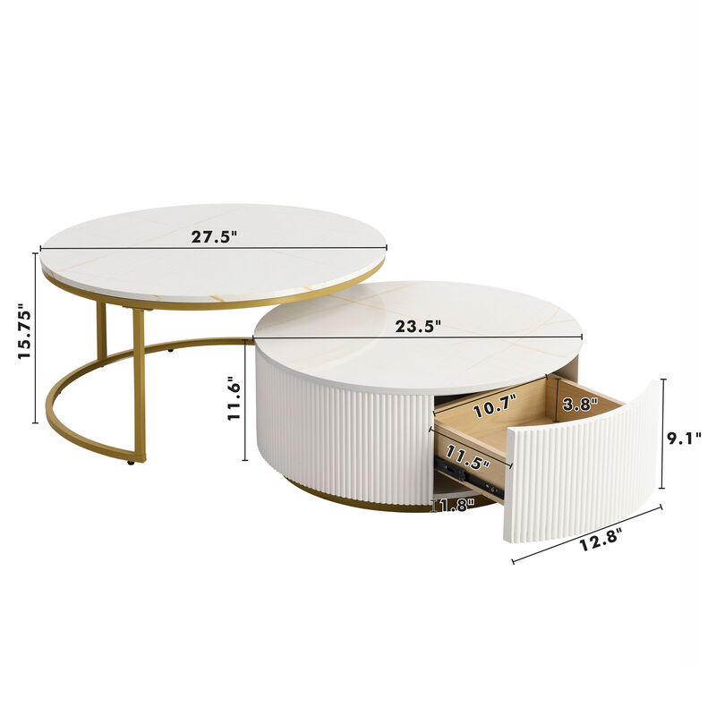 Merax Modern Round Nesting Coffee Table Fluted with Drawer image number 8