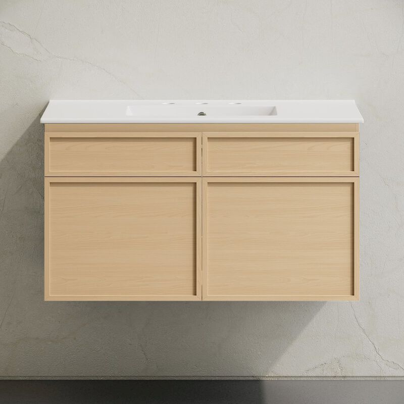 36" Wall-Mounted Bathroom Vanity in Natural Oak with 3-Hole Widespread Sink Top image number 4
