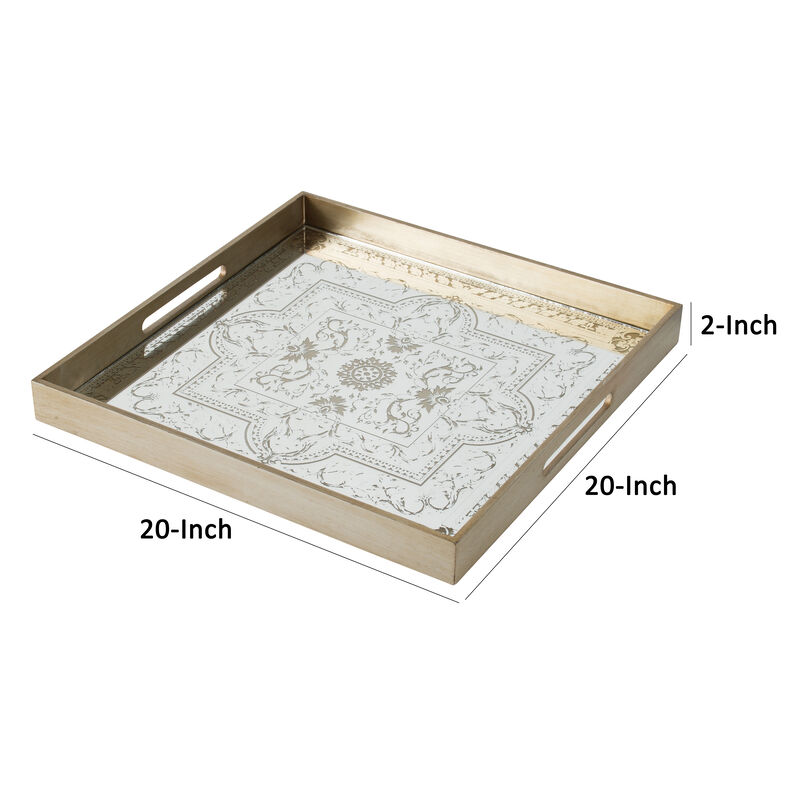 Miki 20 Inch Square Decorative Tray, Artisan Mirrored Floral Pattern, Gold-Benzara